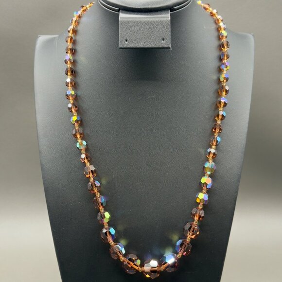 Vintage Brown Iridescent Glass Graduated Bead Necklace Aurora Borealis 22 in